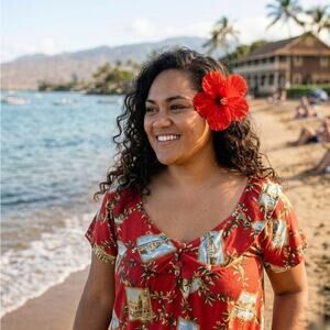 Vtg Hilo Hattie Hawaiian Red Muumuu Ruffles Midi Dress 1XL Oahu Postcards